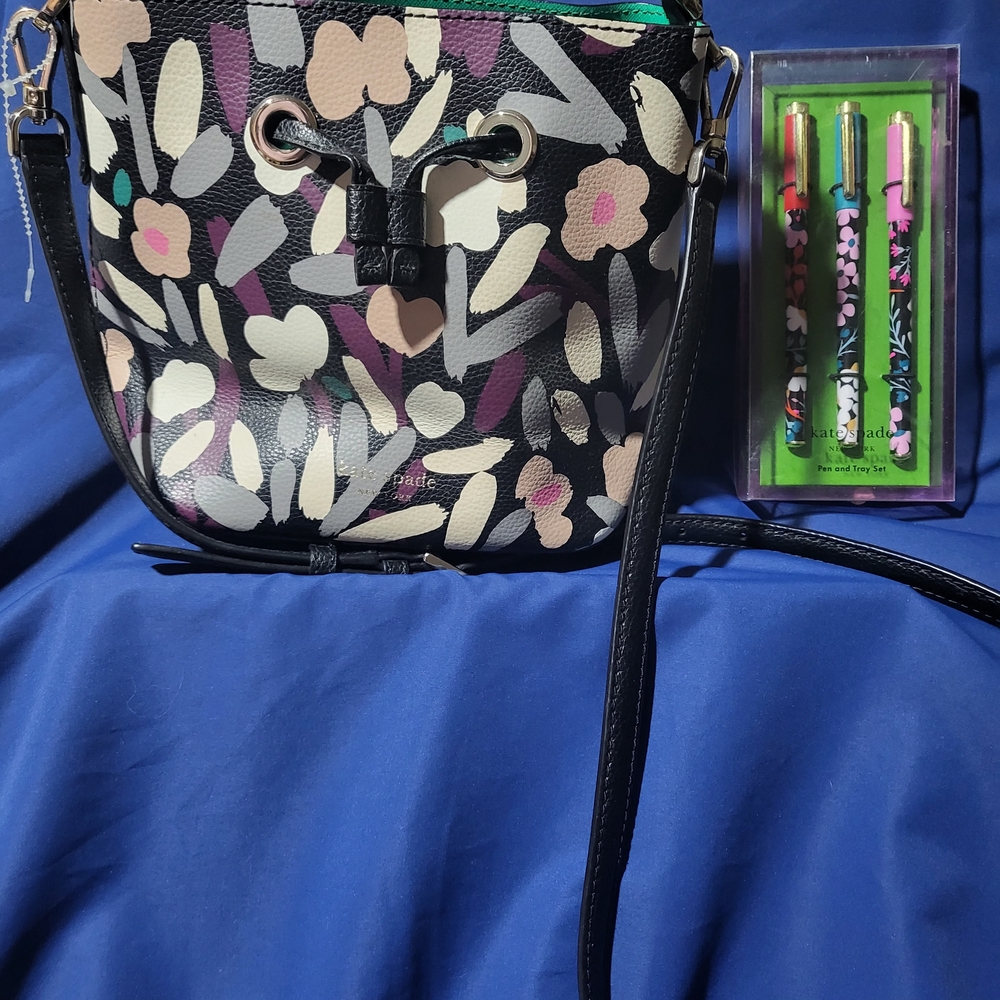 Kate Spade Black Floral Crossbody Bag And Kate Spade Ink Pen Set.